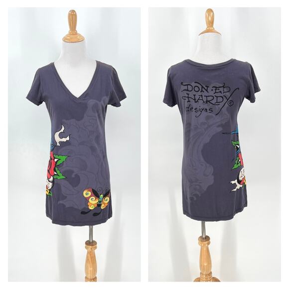 ED HARDY Vintage Y2K VNeck Short Sleeve Tunic Tee Large Gray Bird Butterfly Mini - Picture 1 of 16